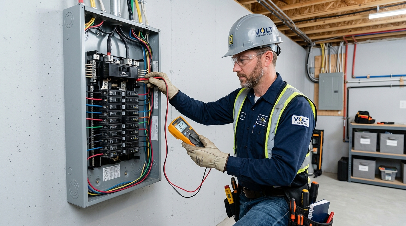 DJ Sparks Electrical Contractors Inc licensed electrician inspecting a 200 amp electrical panel upgrade in an Ajax home